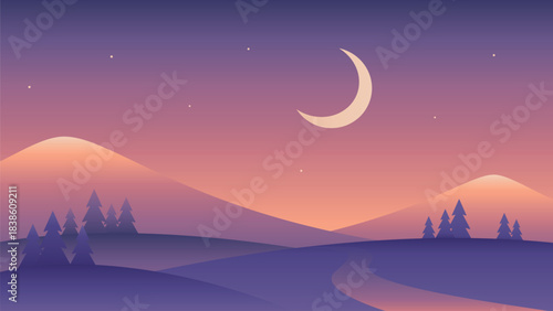 Minimalistic night landscape with mountains, moon and road. Vector gradient illustration in purple colors