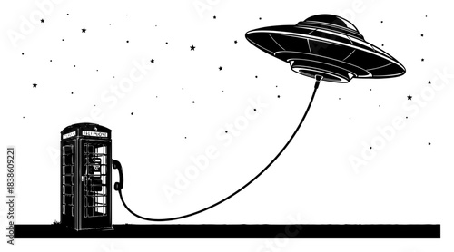 Creative vector illustration of telephone booth connected by wire to flying ufo spaceship