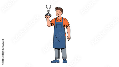 Man In Blue Apron And Orange Shirt Holding Scissors Stylist Hairdresser Barber Profession Occupation Male Person Standing Holding Cutting Tool Isolated Black Background Studio Shot