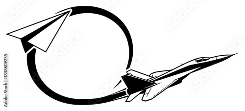 Evolution concept showing paper airplane transforming into modern military fighter jet in a loop