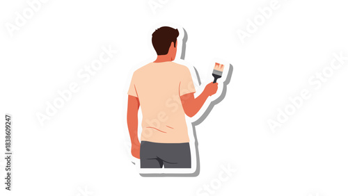 Man in light pink t shirt and gray pants holding paintbrush with orange paint on black background sticker style