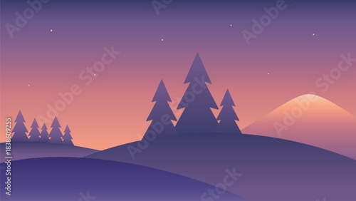 Minimalistic night landscape with mountains, hills and fir trees. Vector gradient illustration in purple colors