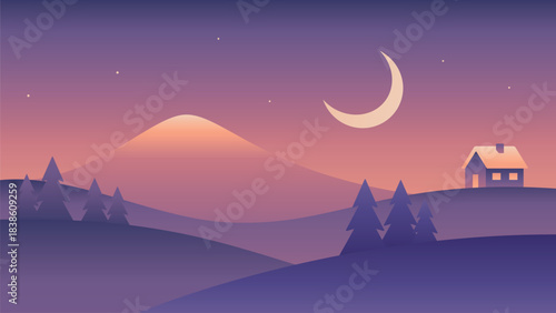Minimalistic night landscape with mountains, moon and house. Vector gradient illustration in purple colors