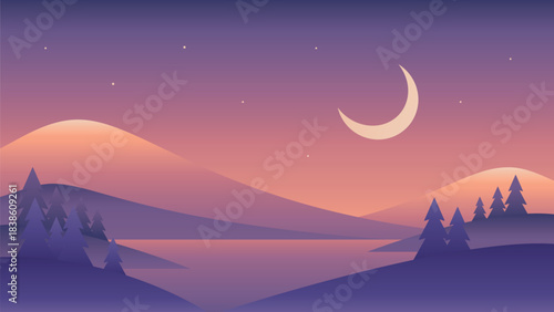 Minimalistic night landscape with mountains, river and moon. Vector gradient illustration in purple colors