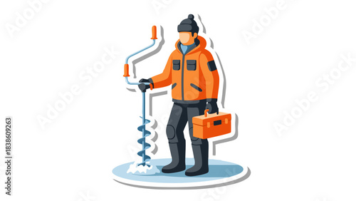 Man In Orange Winter Jacket Holding Ice Fishing Auger With Tackle Box Standing On Frozen Lake With Snowflakes Detailed Vector Illustration