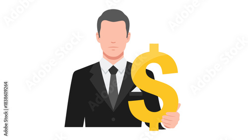 Man In A Black Suit And Tie Holding A Large Golden Dollar Symbol With A Serious Expression On A Black Background