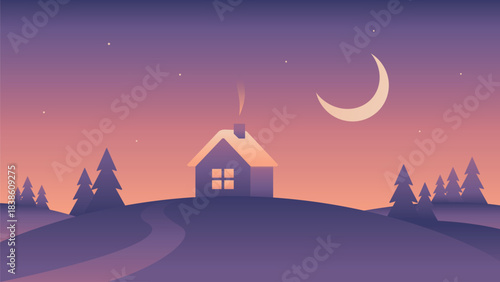 Minimalistic night landscape with house on the hill. Vector gradient illustration in purple colors