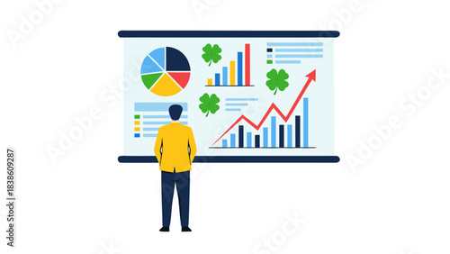 Man in Yellow Jacket Views Financial Data Presentation With Pie Chart Bar Graphs and Upward Trend Arrow on Screen with Clover Symbols