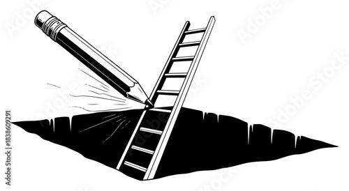 Pencil drawing a ladder to escape a hole Concept of creativity finding a solution and opportunity