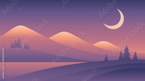 Minimalistic night landscape with mountains, water and moon. Vector gradient illustration in purple colors
