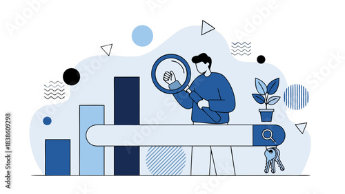 Man Inspecting Search Bar with Magnifying Glass Analytics Chart Plant and Abstract Shapes on Blue Background Digital Illustration