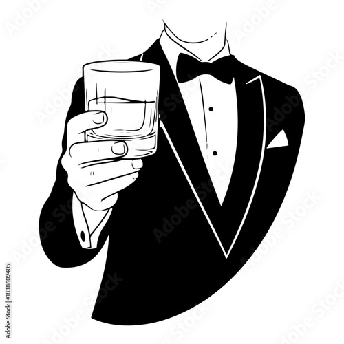 Gentleman in a tuxedo holding a glass of whiskey Elegant man icon for a bar party or celebration