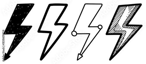 Lightning bolt doodle icon set. Hand drawn thunder and electricity flash symbols. Vector sketch collection