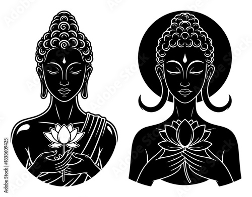 Buddha holding lotus flower vector illustration set. Spiritual symbol for meditation yoga and zen