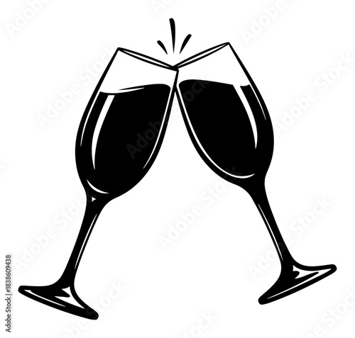 Clinking champagne glasses silhouette icon for celebration toast or wedding party