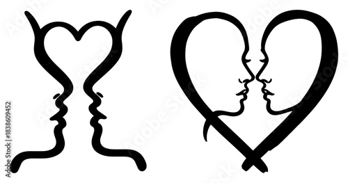 Couple faces forming a heart Kissing silhouette and love symbol vector icon set