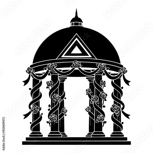 Wedding gazebo arch decorated with roses Romantic ceremony arbor vector silhouette illustration