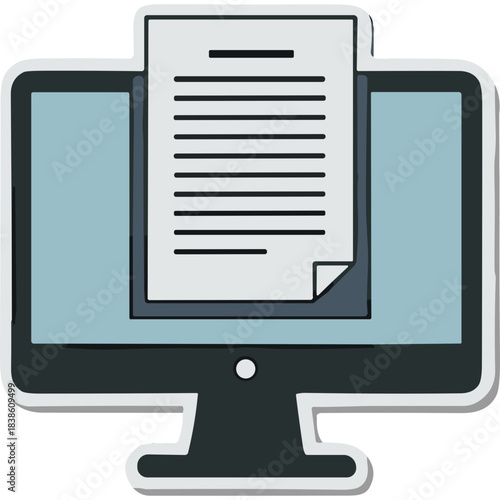 Digital Document Display on Computer Monitor Screen with Text Document Open and Curled Corner on Light Blue Background Modern Flat Design Style