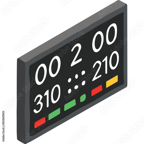 Digital Dashboard Displaying Numerical Data and Status Indicators with a Dark Background and White Text in an Isometric Perspective
