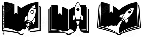 Rocket launching from an open book icon set Education imagination and knowledge vector logo