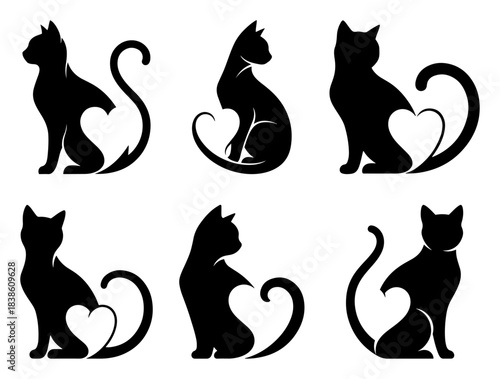 Set of cat silhouettes with heart tails Love pets vector logo icon collection for vet or shop