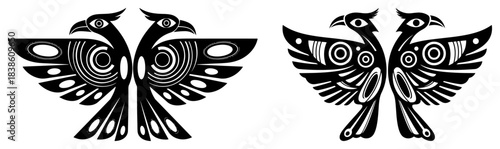 Set of stylized tribal double headed bird totems or symmetrical eagle emblems for tattoo design
