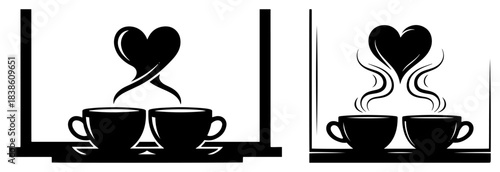 Coffee for two icon with heart steam. Romantic morning or coffee date concept
