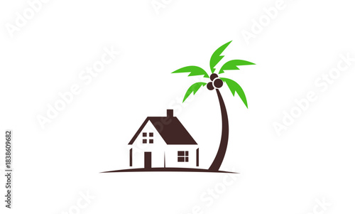 Small house with palm tree on white background.