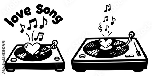 Love Song playing on vintage turntable Heart shaped vinyl record vector illustration set