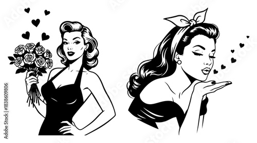 Retro pin up woman set featuring girl holding rose bouquet and lady blowing heart kiss for valentine design