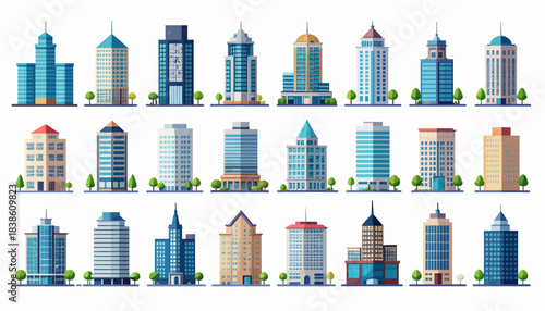 Collection of Diverse Skyscraper Designs in a Vector Illustration.