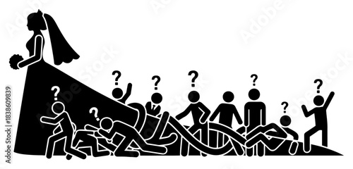 Complex path to marriage Bride choosing a groom from a tangled crowd of confused men