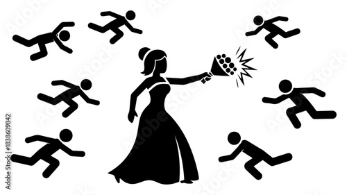 Bride tossing bouquet like a grenade and men running away Funny wedding concept of commitment fear