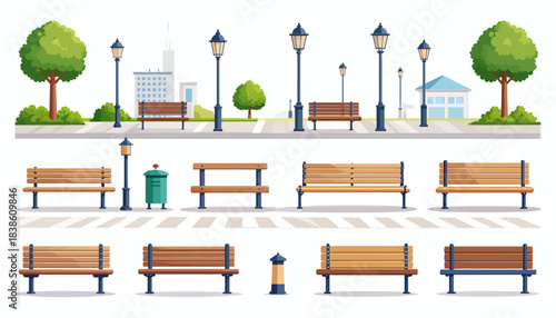 Park Benches and Street Elements Illustration.