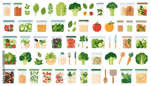 Various Vegetables and Fruits Stored in Jars and Containers for Freshness.