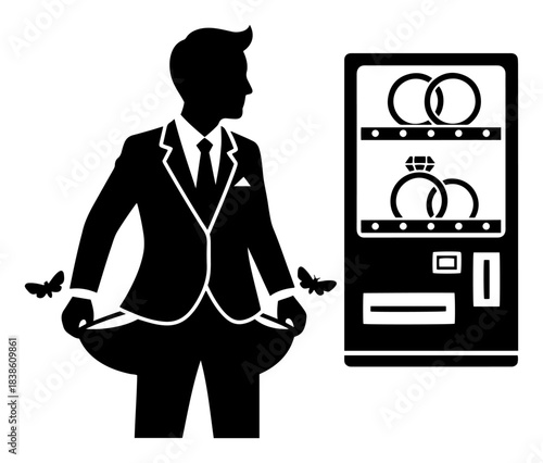The high cost of marriage Broke groom with empty pockets in front of a wedding ring vending machine