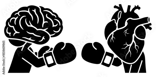 Brain vs Heart boxing match. Conflict between logic and emotion concept vector icon