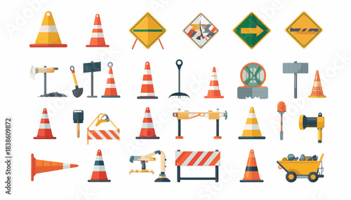 Collection of Construction and Road Work Signs and Cones.