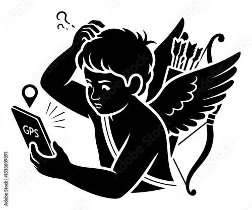 Confused Cupid with smartphone and GPS. Modern love and online dating concept vector