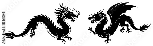 Eastern Chinese dragon versus Western European dragon Mythical creature confrontation vector silhouette set