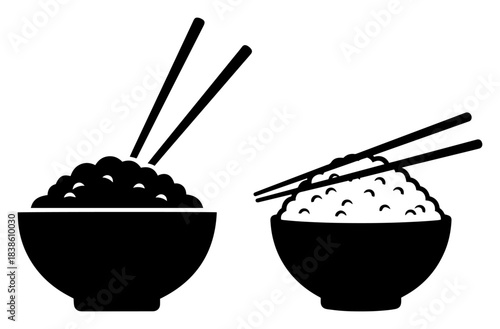Rice bowl with chopsticks icon set Asian food symbol for Japanese or Chinese restaurant menu
