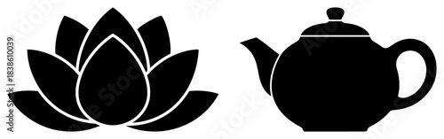 Lotus flower and teapot vector icon set. Asian spa and tea ceremony symbols