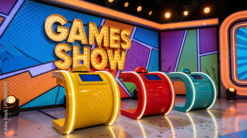 Colorful game show set with curved buzzers and comic book style background design lit with stage lights