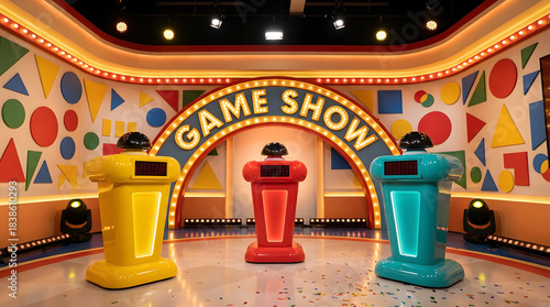 Classic television game show studio with primary colored podiums and arched marquee lights above the stage