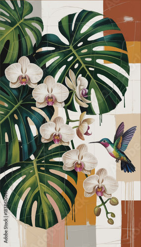 Bright multicolored illustration of monstera leaves, orchid flowers and a soaring hummingbird on a geometric background. Suitable for prints, covers, packaging, merchandise, and more. Vector graphics.
