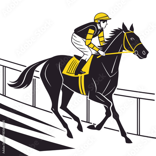 Jockey riding a racehorse in a competitive equestrian sport.