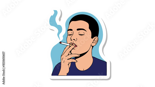 Man Smoking Cigarette Close Up Portrait With Eyes Closed And Blue Smoke Wisps Against A Light Blue Outline On A Black Background