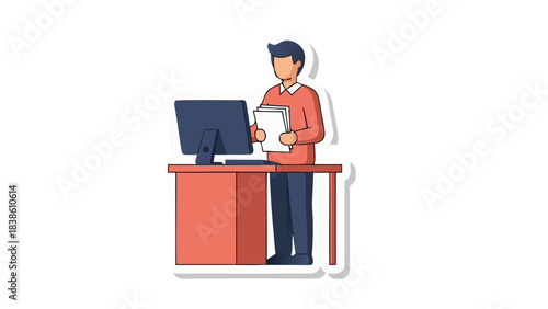 Man Standing at Desk Holding Document Near Computer Screen During Workday in an Office Environment with Flat Design Style