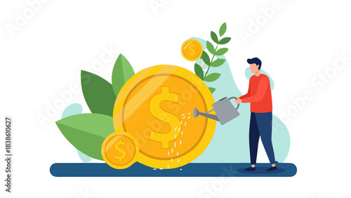 Man Watering A Giant Gold Coin With A Dollar Sign Surrounded By Green Leaves And Smaller Coins Symbolizing Financial Growth And Investment