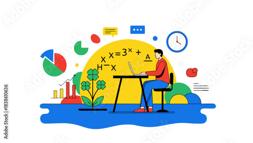 Man Studying Math Equations at Desk with Laptop and Plant Under a Large Sun Illustration Yellow Orange and Blue Tones